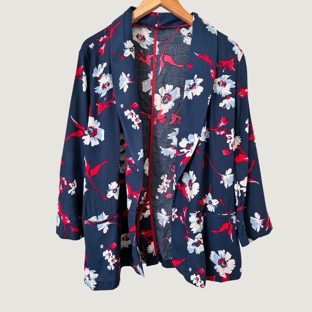 Roz & Ali Women XL Navy Blue Floral Open Front Blazer Jacket Pearl Cuff Detail